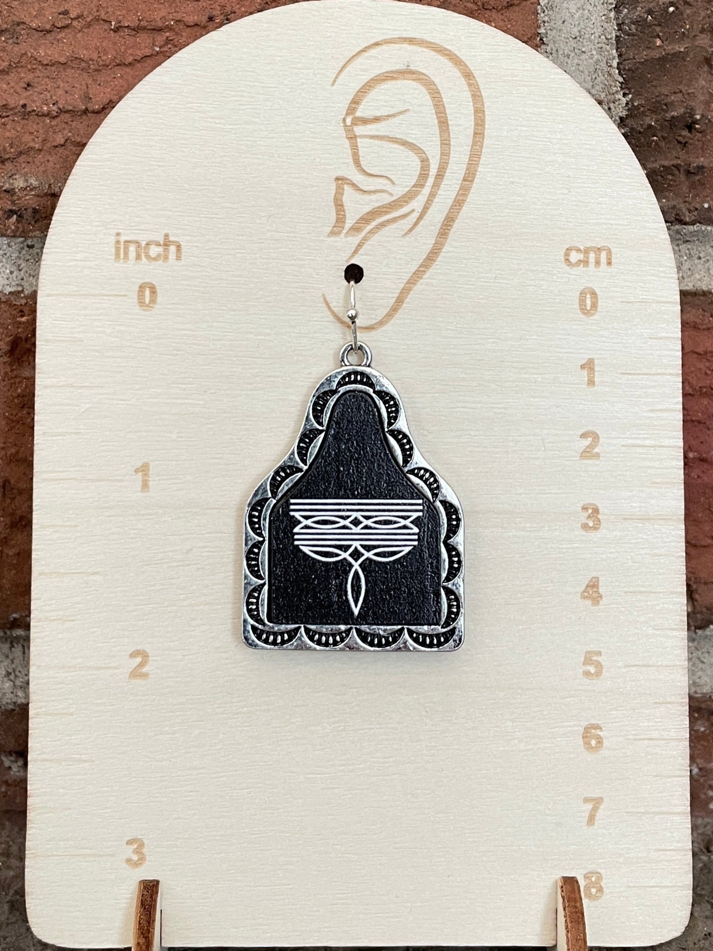 Boot Stitch Cow Tag Earrings - White & Black