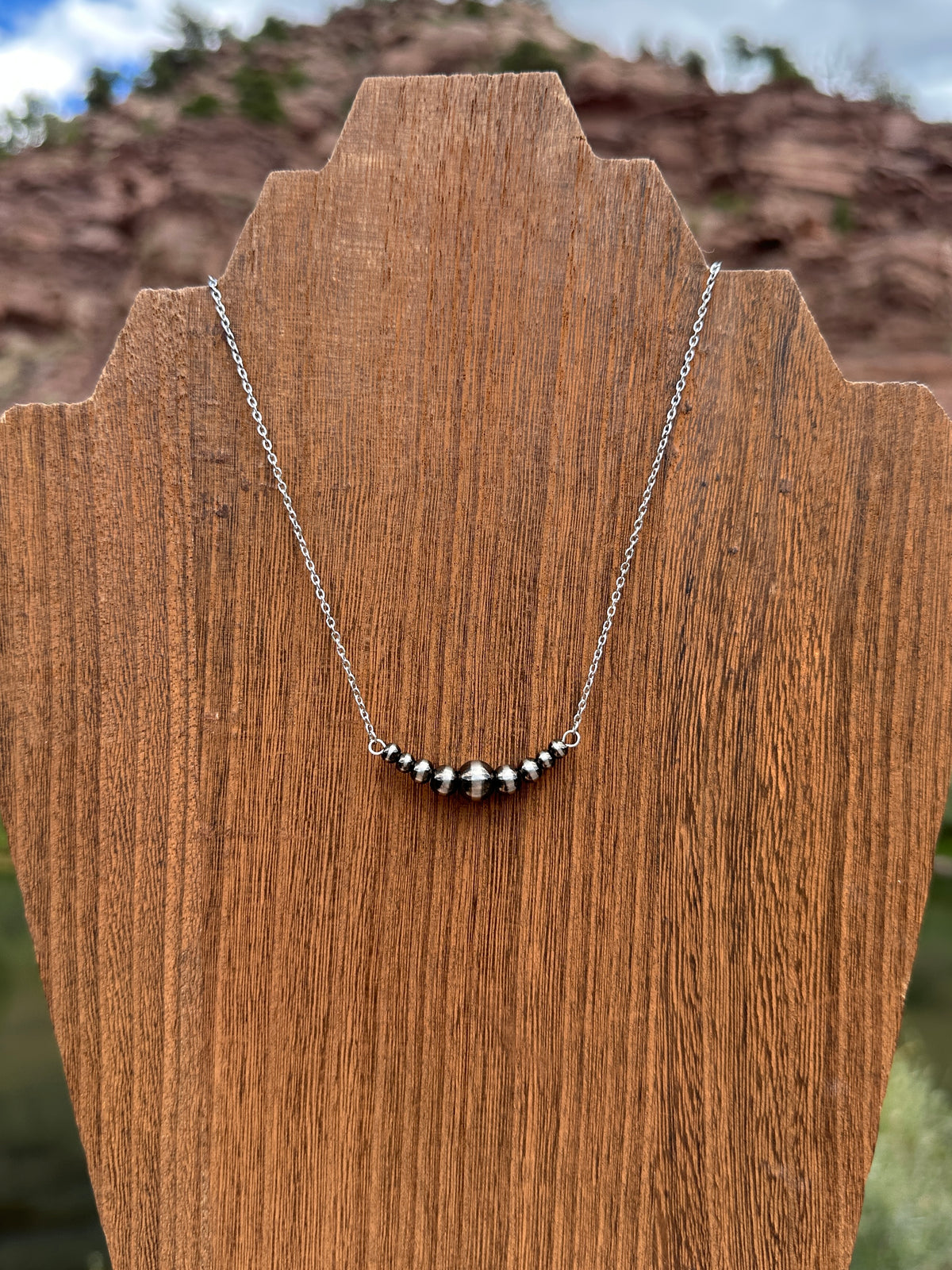 Brushed Steel Western Pearl 1.5 inch Graduated Bar Necklace Red Saguaro Jewelry by Cimarron Red Saguaro Trading Post