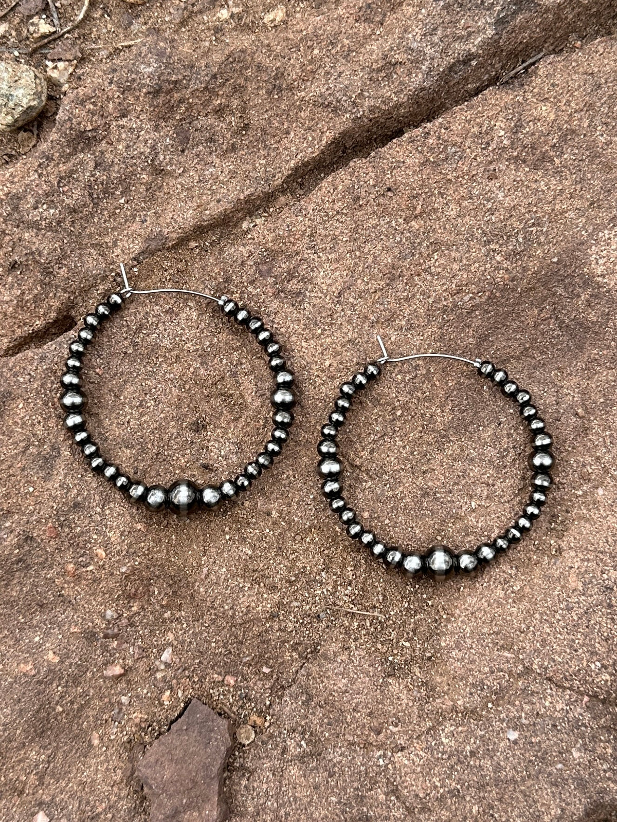 Brushed Steel Western Pearl Dual Graduated Hoop Earrings Red Saguaro Jewelry by Cimarron Red Saguaro Trading Post