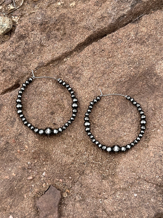 Brushed Steel Western Pearl Dual Graduated Hoop Earrings Red Saguaro Jewelry by Cimarron Red Saguaro Trading Post