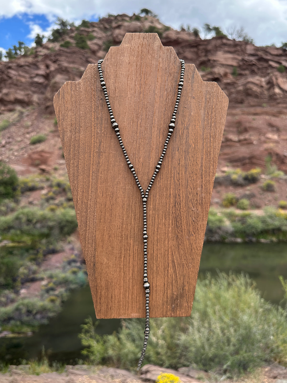 Brushed Steel Western Pearl Dual Graduated Lariat Necklace 18 inch Red Saguaro Jewelry by Cimarron Red Saguaro Trading Post