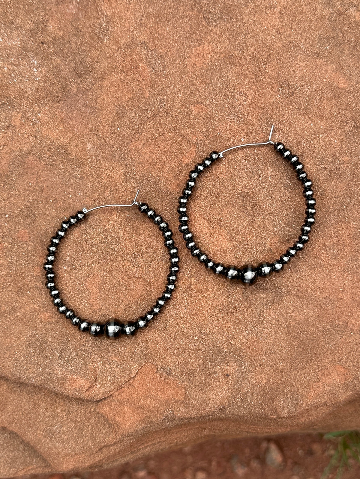 Brushed Steel Western Pearl Graduated Hoop Earrings Red Saguaro Jewelry by Cimarron Red Saguaro Trading Post