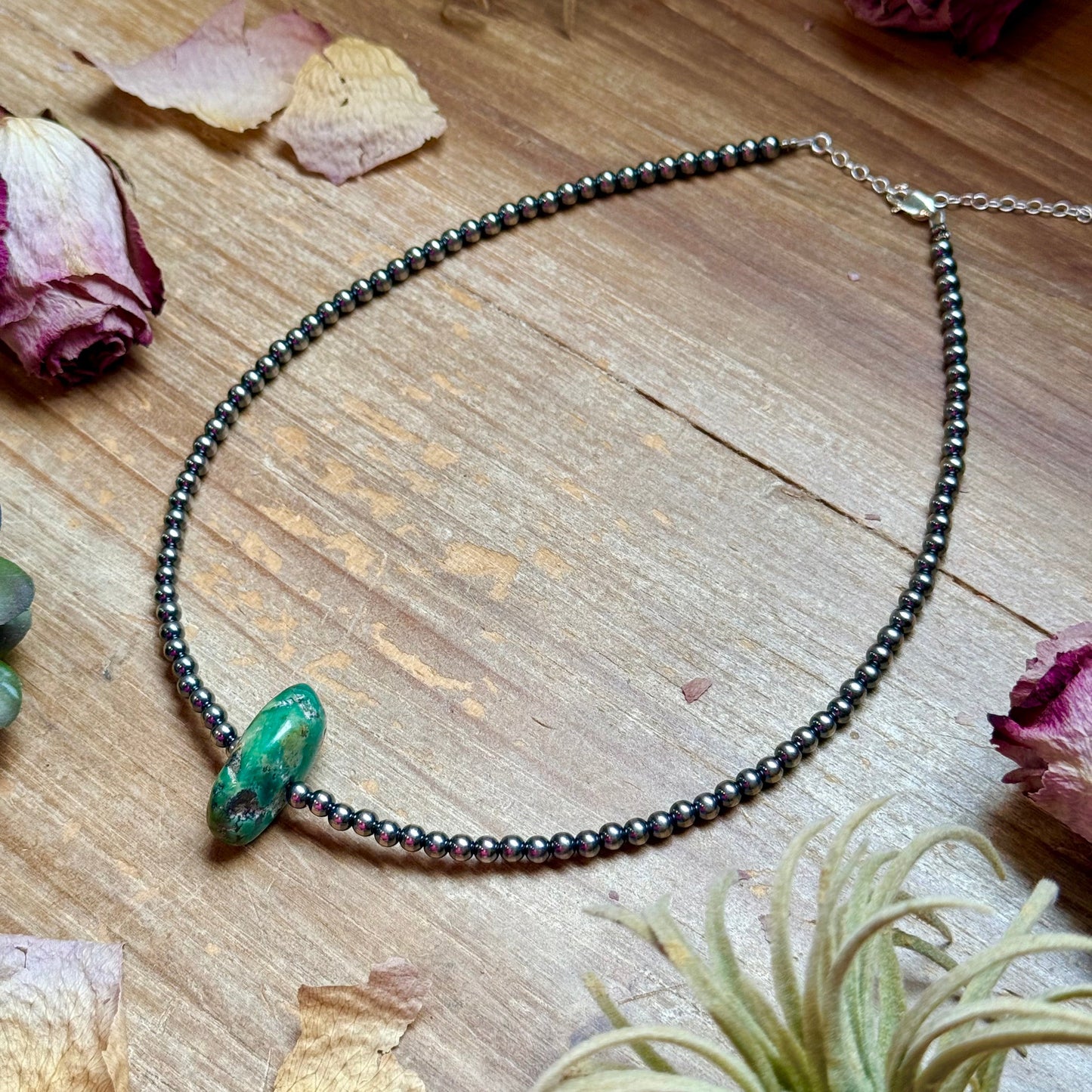 16” Green & Brown Turquoise Necklace – Sterling Silver