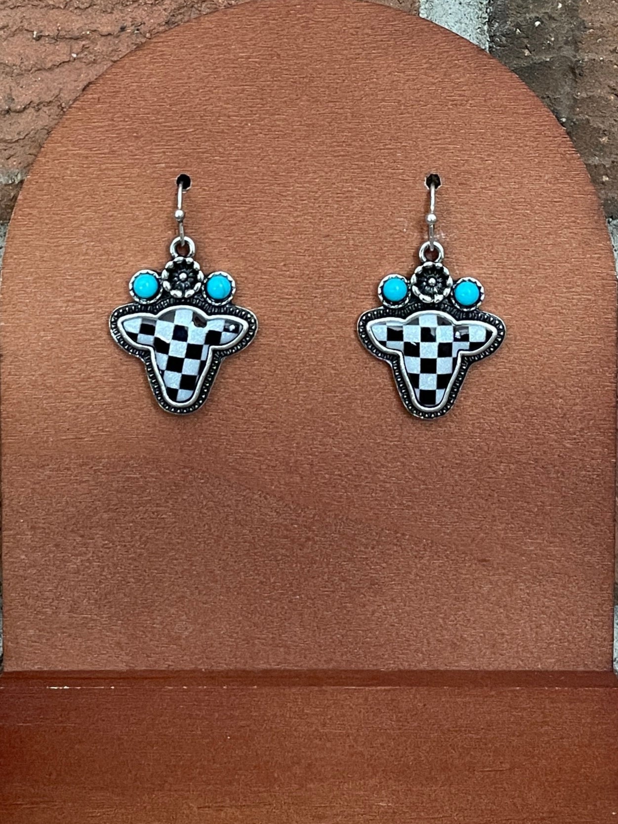 Checkerboard Cow Earrings with Turquoise