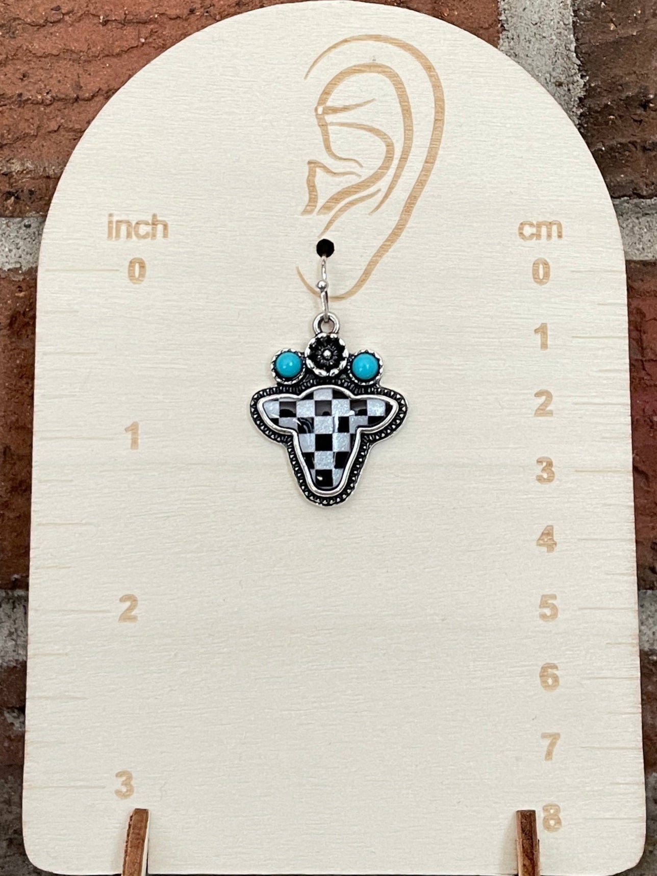Checkerboard Cow Earrings with Turquoise