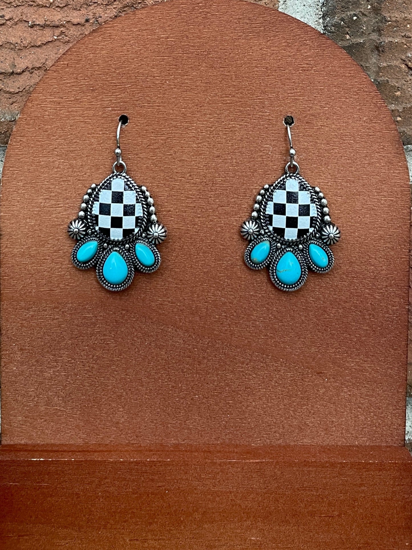 Checkerboard Faux Leather Teardrop Earrings with Turquoise