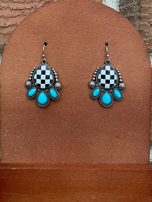 Checkerboard Faux Leather Teardrop Earrings with Turquoise