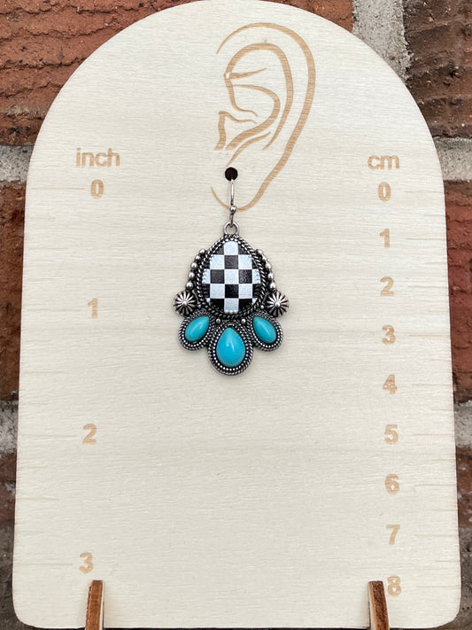 Checkerboard Faux Leather Teardrop Earrings with Turquoise