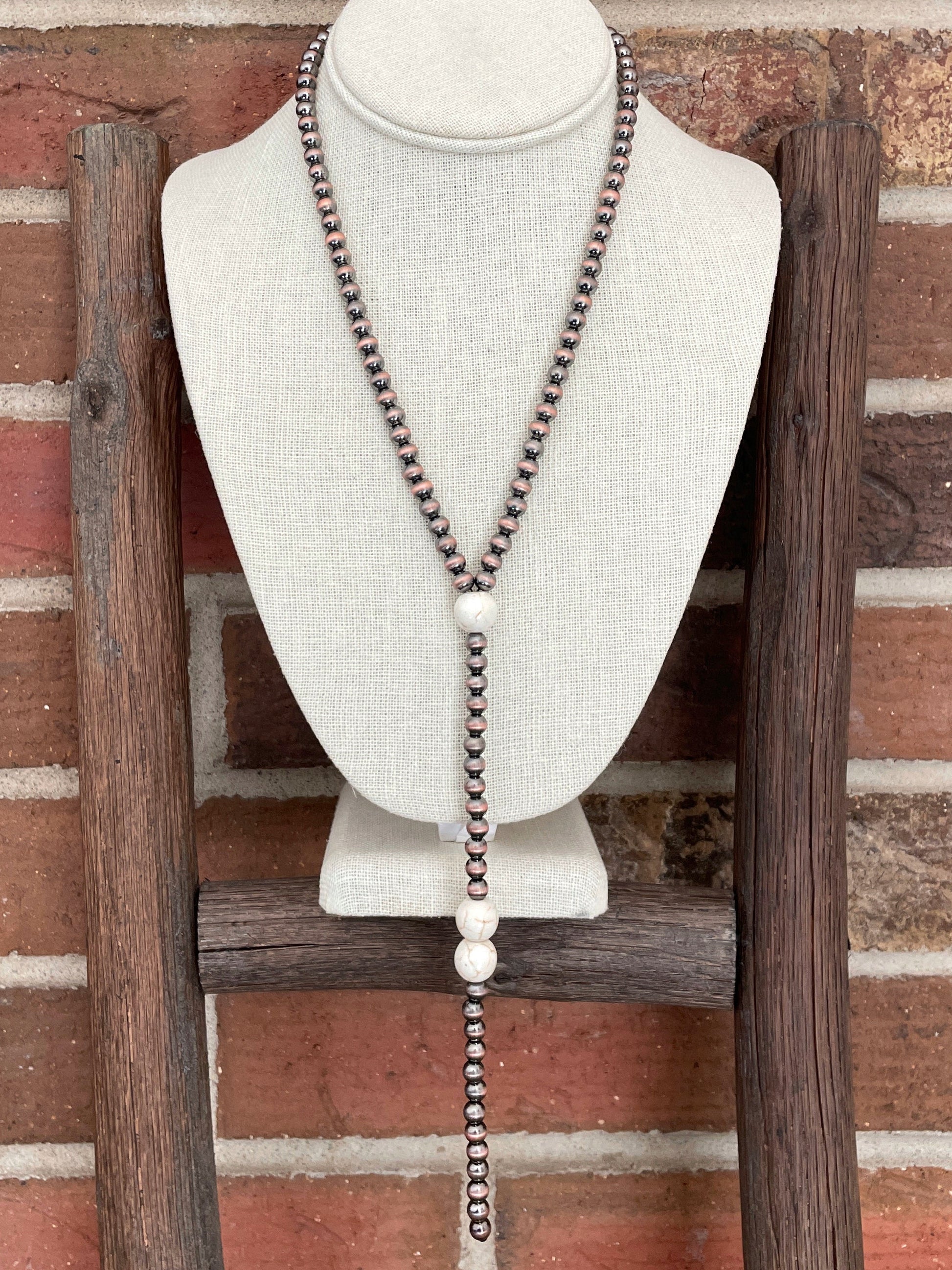Copper Navajo Style Pearl Lariat Necklace with Faux White Buffalo Accents