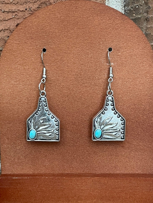Cow Tag Earrings with Turquoise Accented Flower