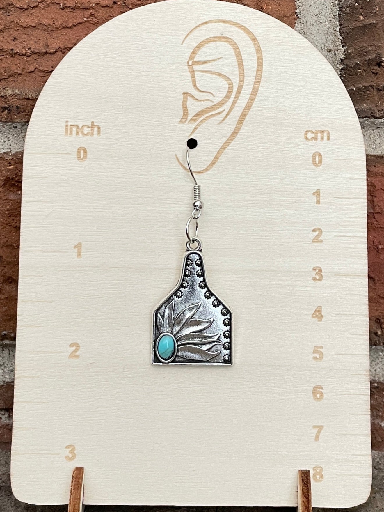 Cow Tag Earrings with Turquoise Accented Flower