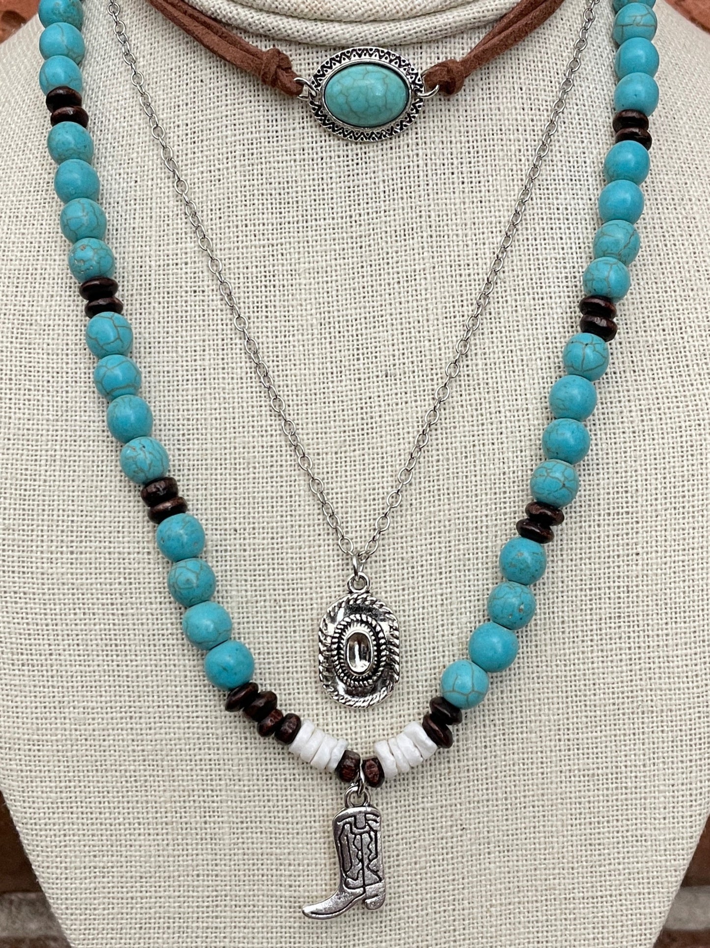Cowboy Hat and Boot Necklace Set with Turquoise & Wood