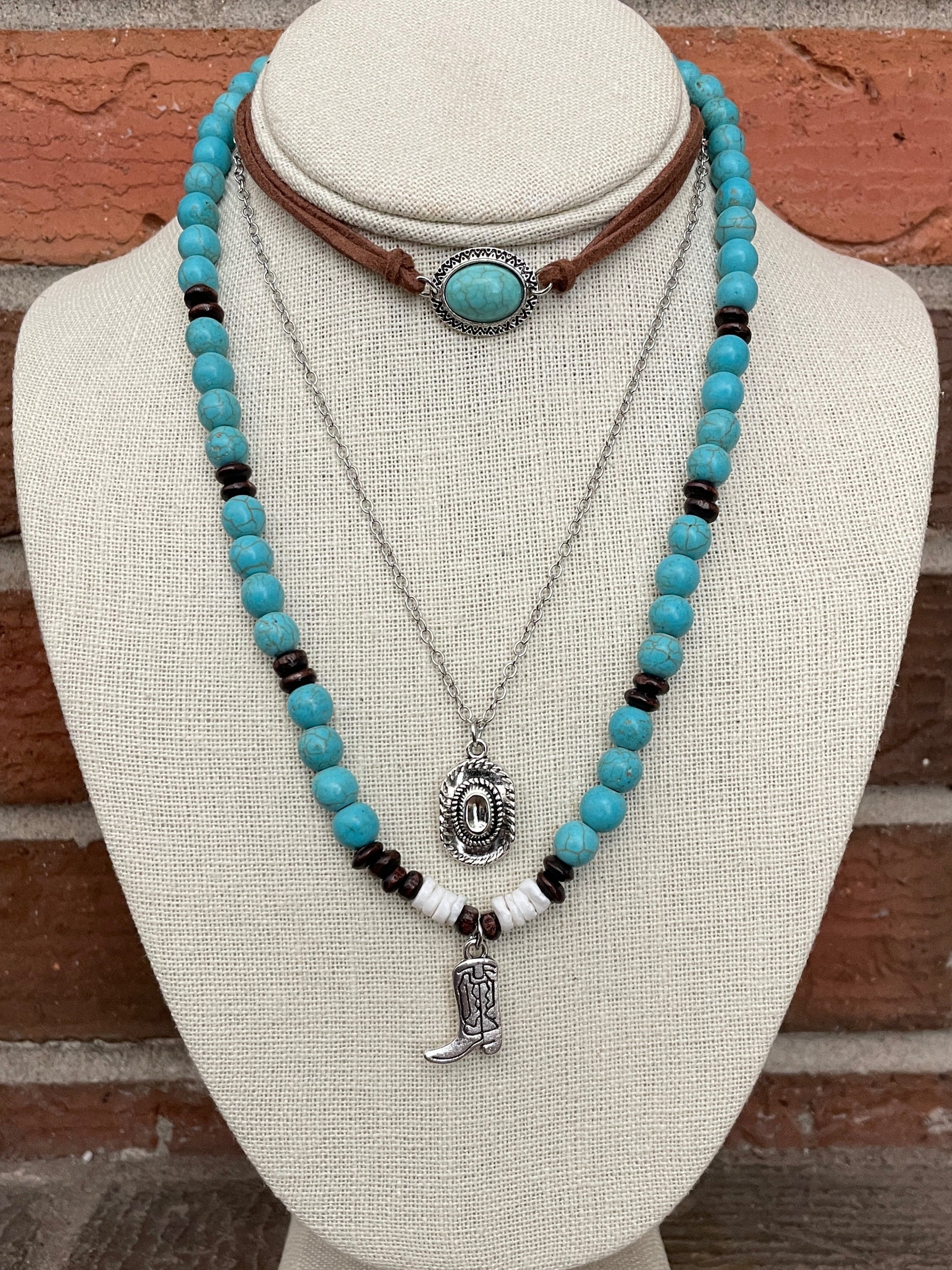 Cowboy Hat and Boot Necklace Set with Turquoise & Wood