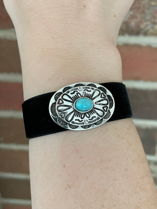 Crushed Velvet Concho Bracelet with Faux Turquoise