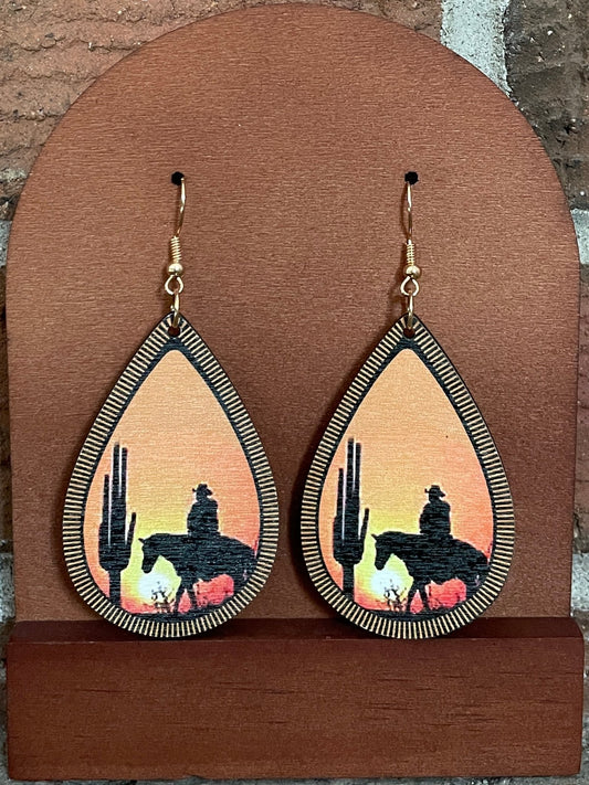 Desert Cowboy Sunset Wood Earrings