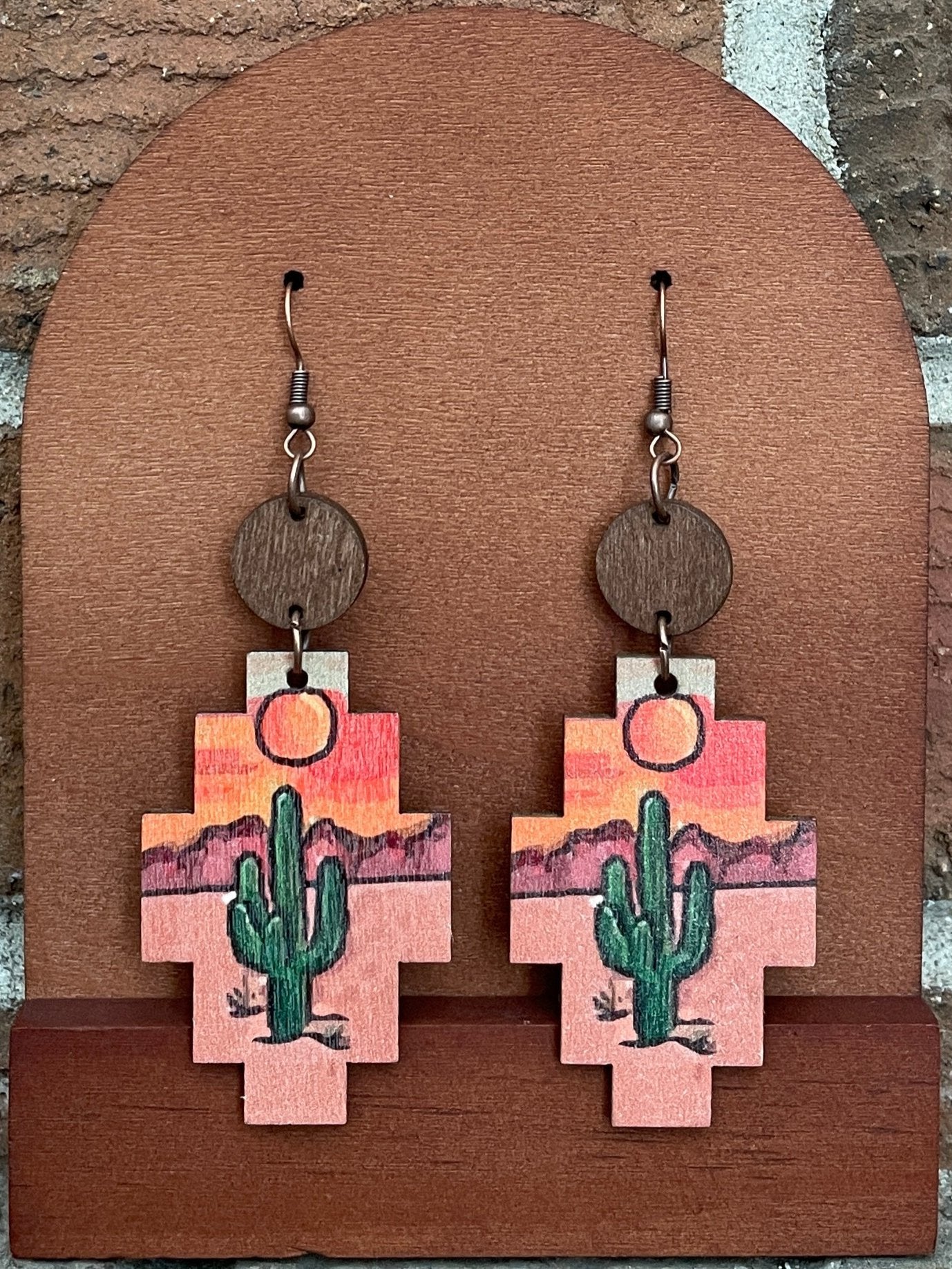 Desert Sunset Saguaro Cactus Wood Earrings