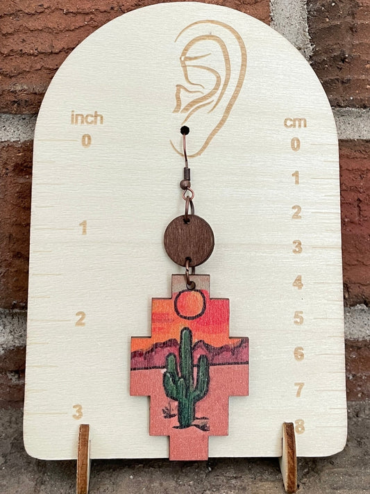 Desert Sunset Saguaro Cactus Wood Earrings