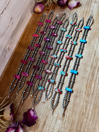 Pink/blue Double Strand Necklace – 13” Beaded – Sterling Silver Pearls & Rectangle Variscite Turquoise