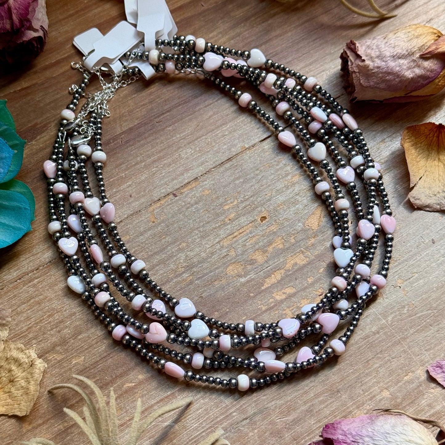 15” Pink Conch Heart Necklace – Sterling Silver Pearls