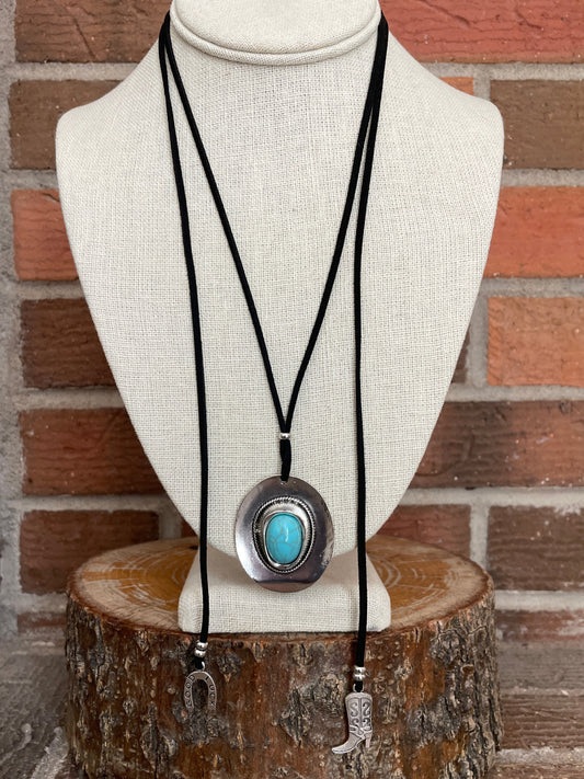 Faux Leather Tie Choker Necklace with Western Charms