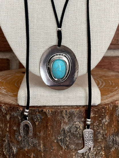 Faux Leather Tie Choker Necklace with Western Charms