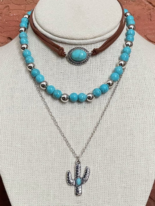 Faux Turquoise Choker and Saguaro Cactus Necklace Set