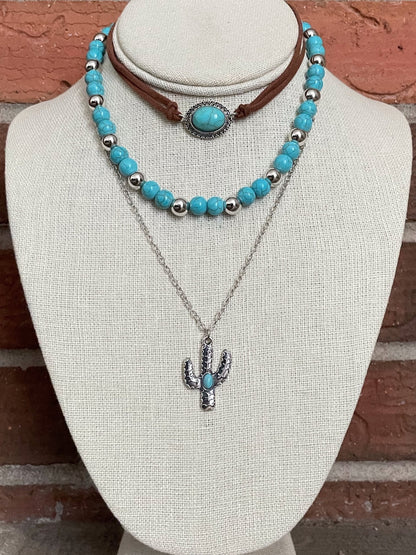 Faux Turquoise Choker and Saguaro Cactus Necklace Set