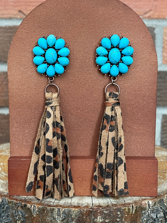 Faux Turquoise Cluster Earrings with Leopard Fringe