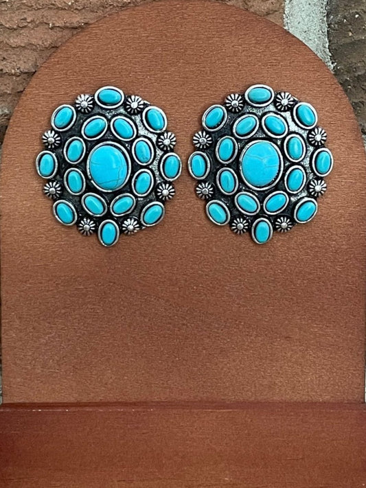 Faux Turquoise and Silver Sunburst Cluster Earrings