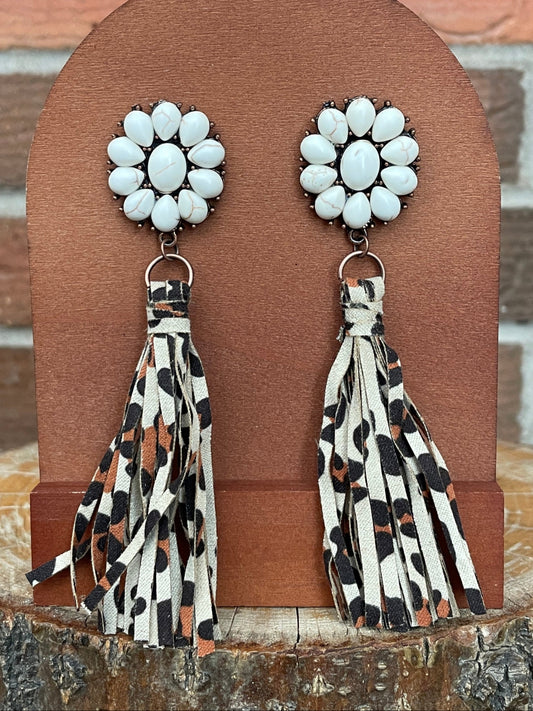 Faux White Buffalo Cluster Earrings with Leopard Fringe