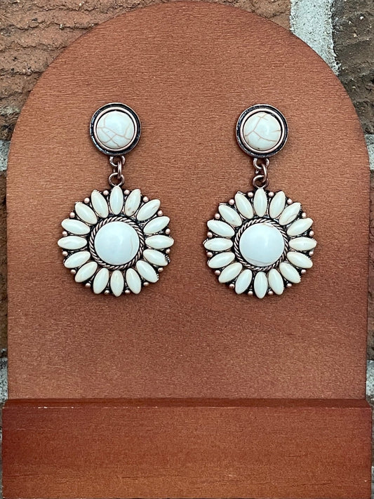 Faux White Buffalo Sunburst Cluster Drop Earrings