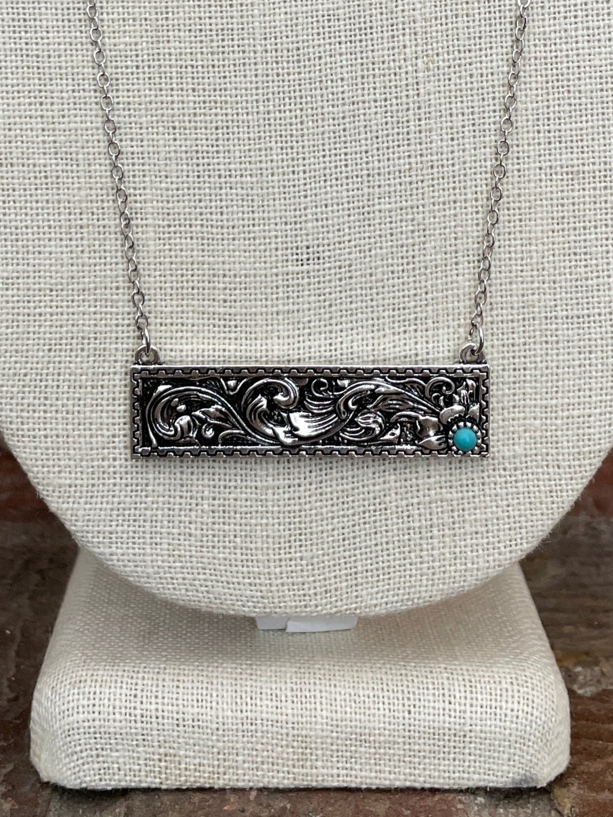 Filigree Bar Necklace with Turquoise Accented Flower - Silver