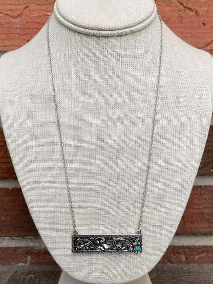 Filigree Bar Necklace with Turquoise Accented Flower - Silver