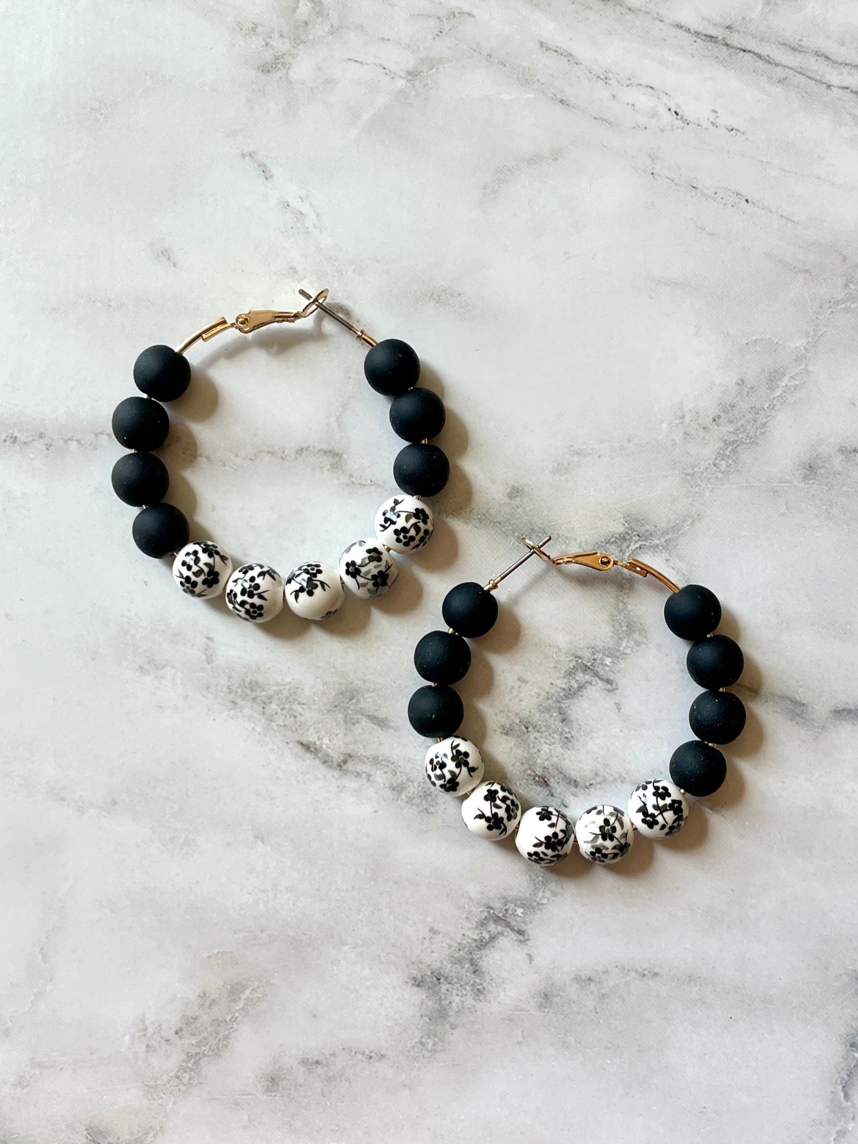 Floral Beaded Hoop Earrings - Black