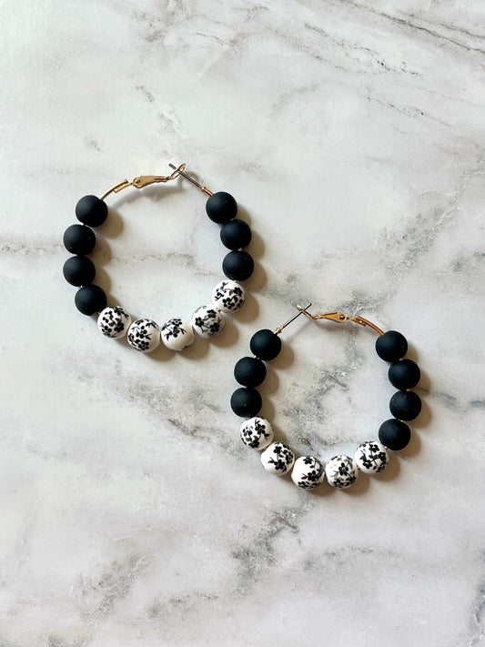 Floral Beaded Hoop Earrings - Black
