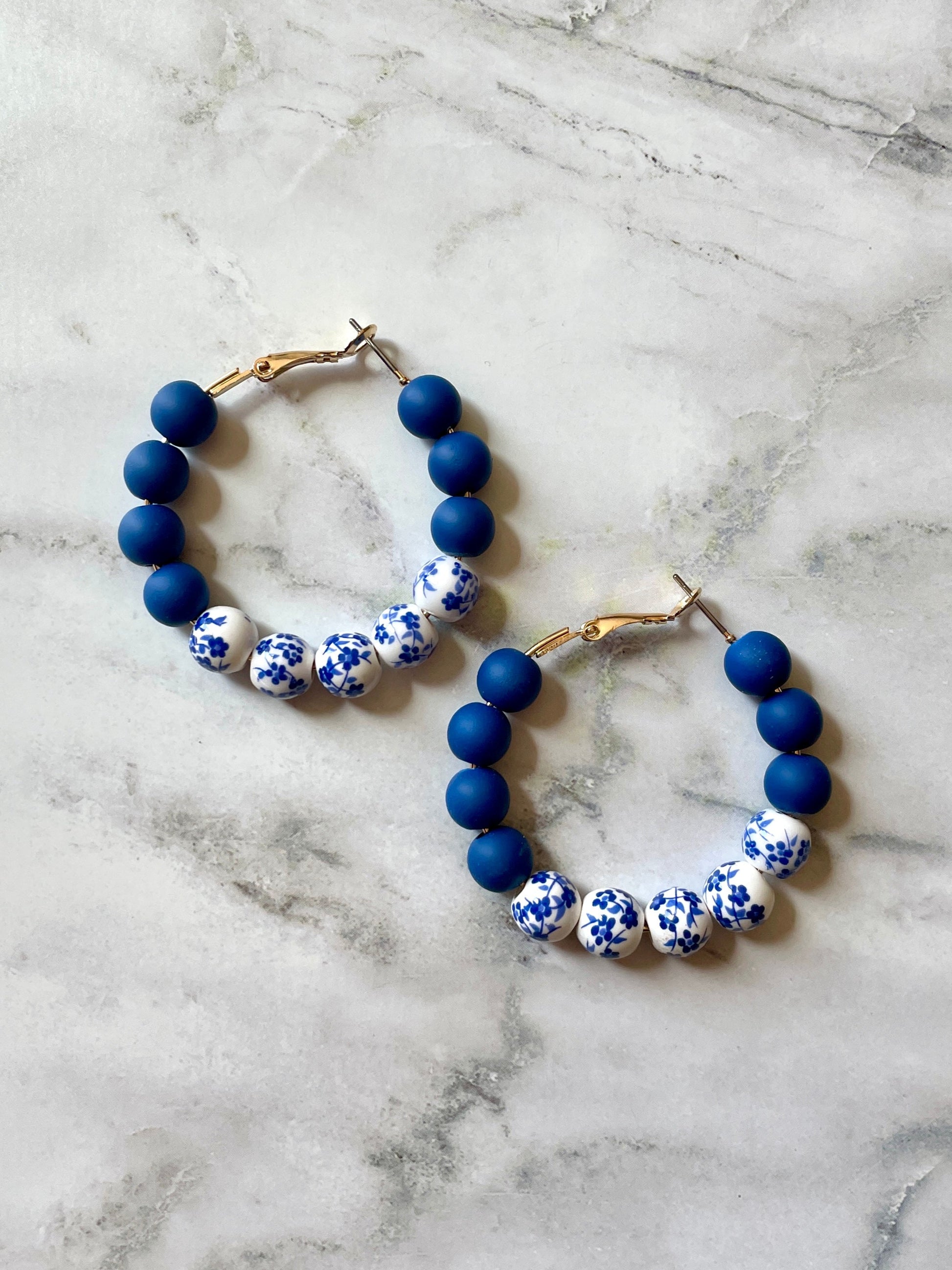 Floral Beaded Hoop Earrings - Blue
