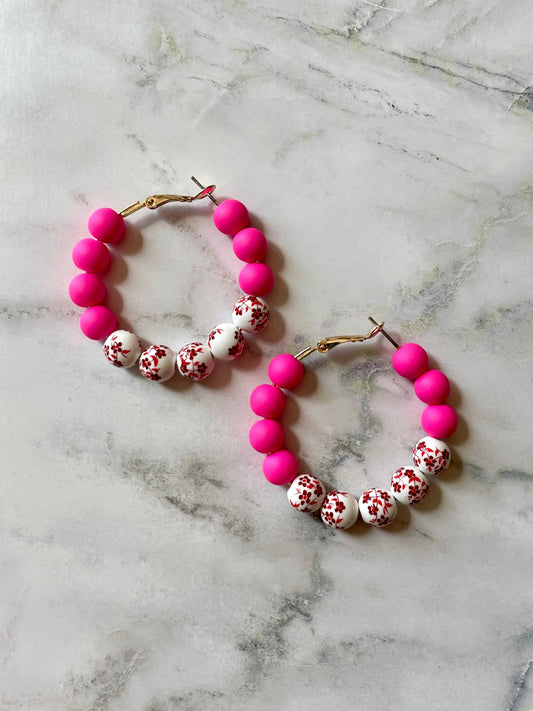 Floral Beaded Hoop Earrings - Pink