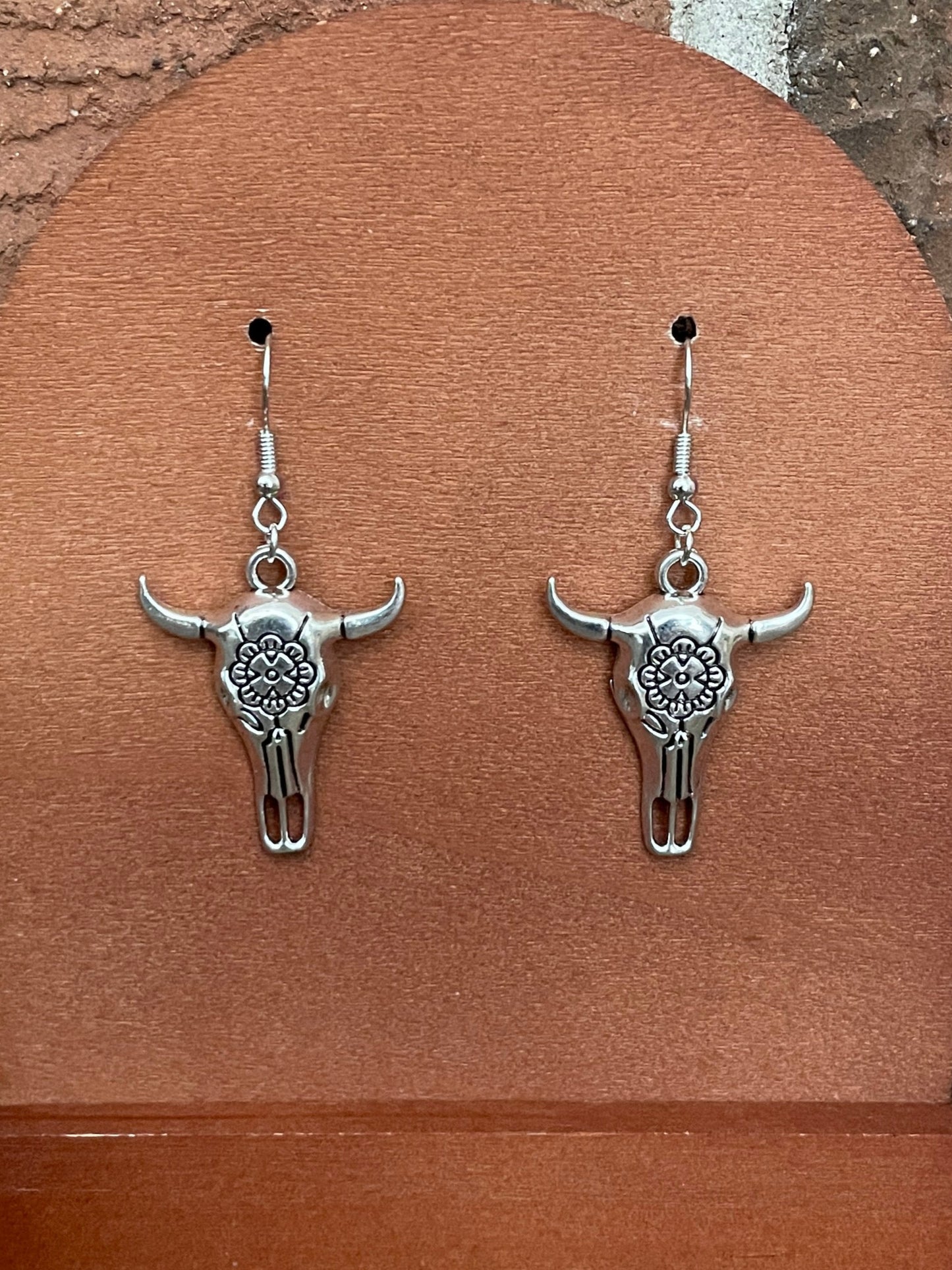 Floral Steer Skull Drop Earrings