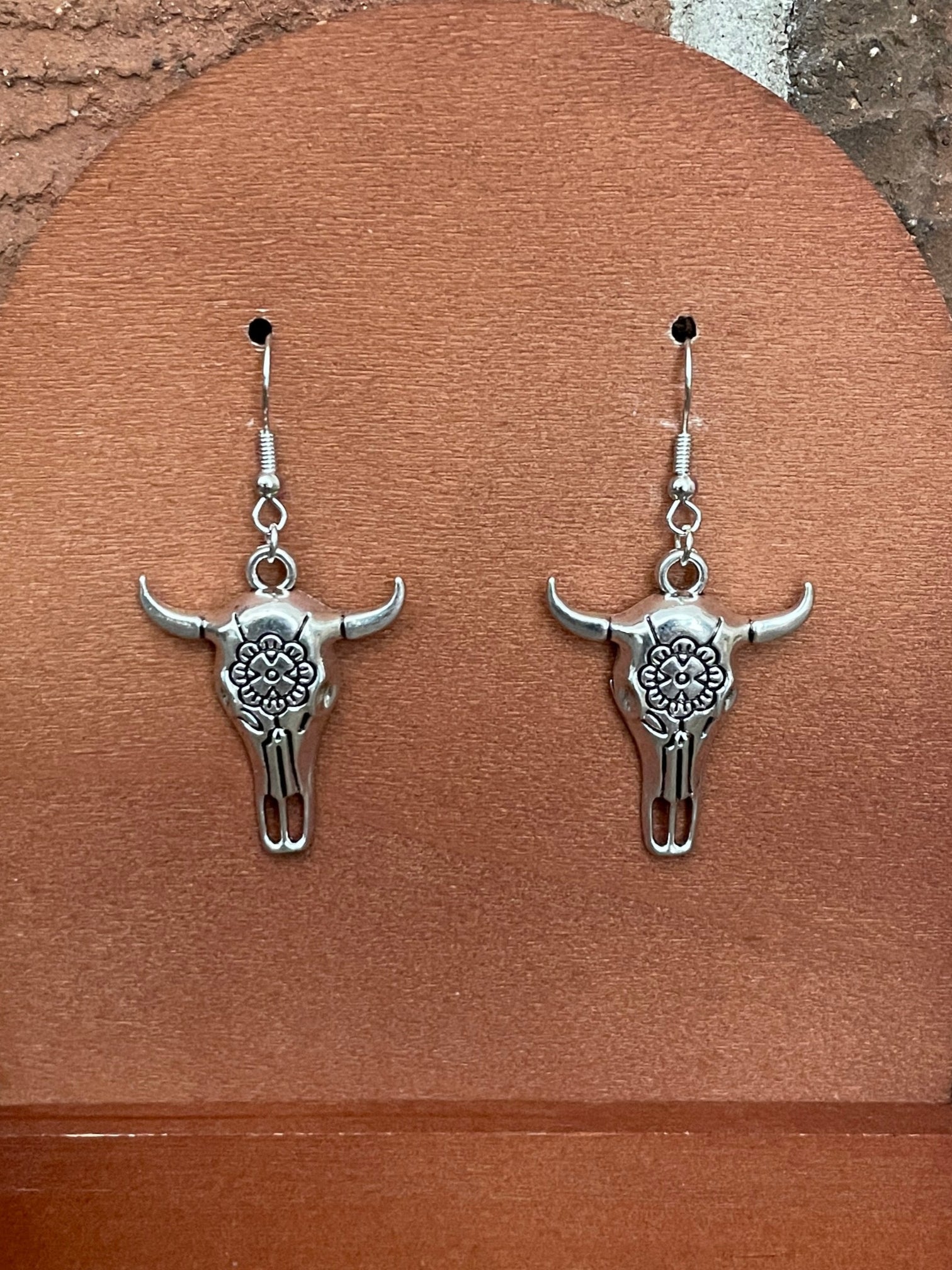 Floral Steer Skull Drop Earrings