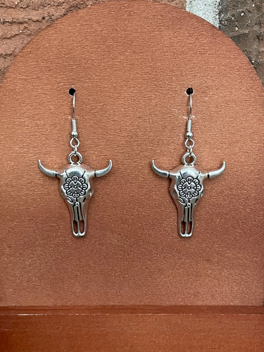 Floral Steer Skull Drop Earrings