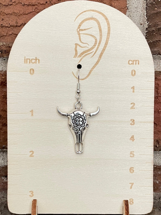 Floral Steer Skull Drop Earrings