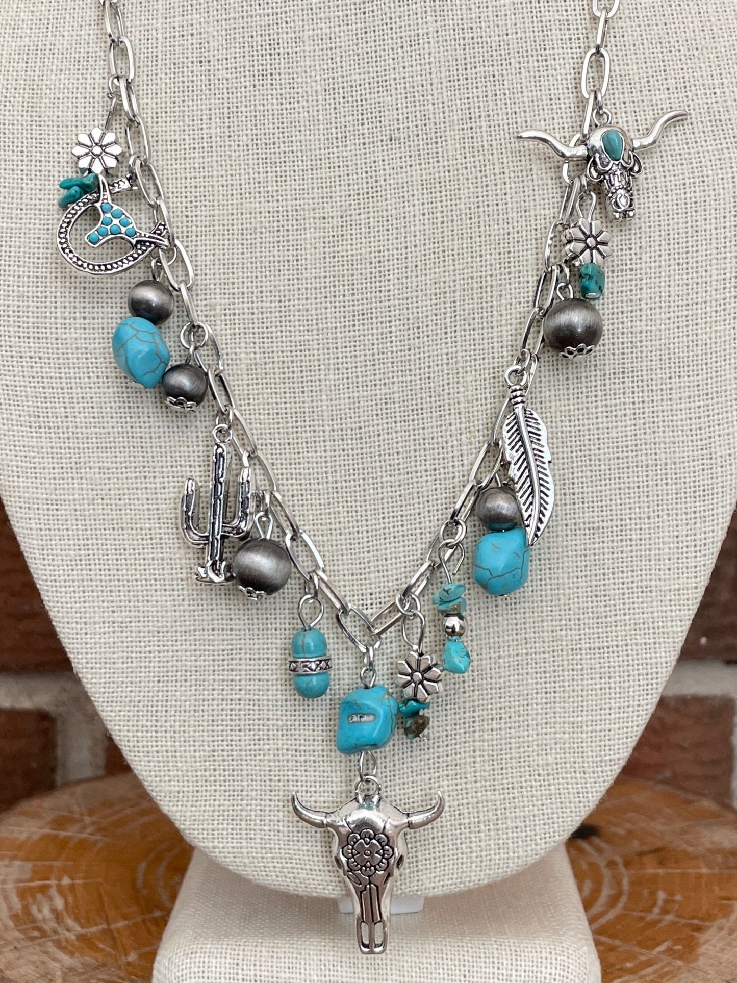 Floral Steer Skull and Turquoise Charm Necklace