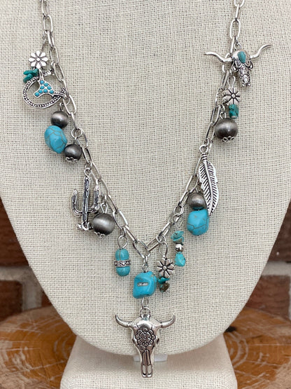 Floral Steer Skull and Turquoise Charm Necklace
