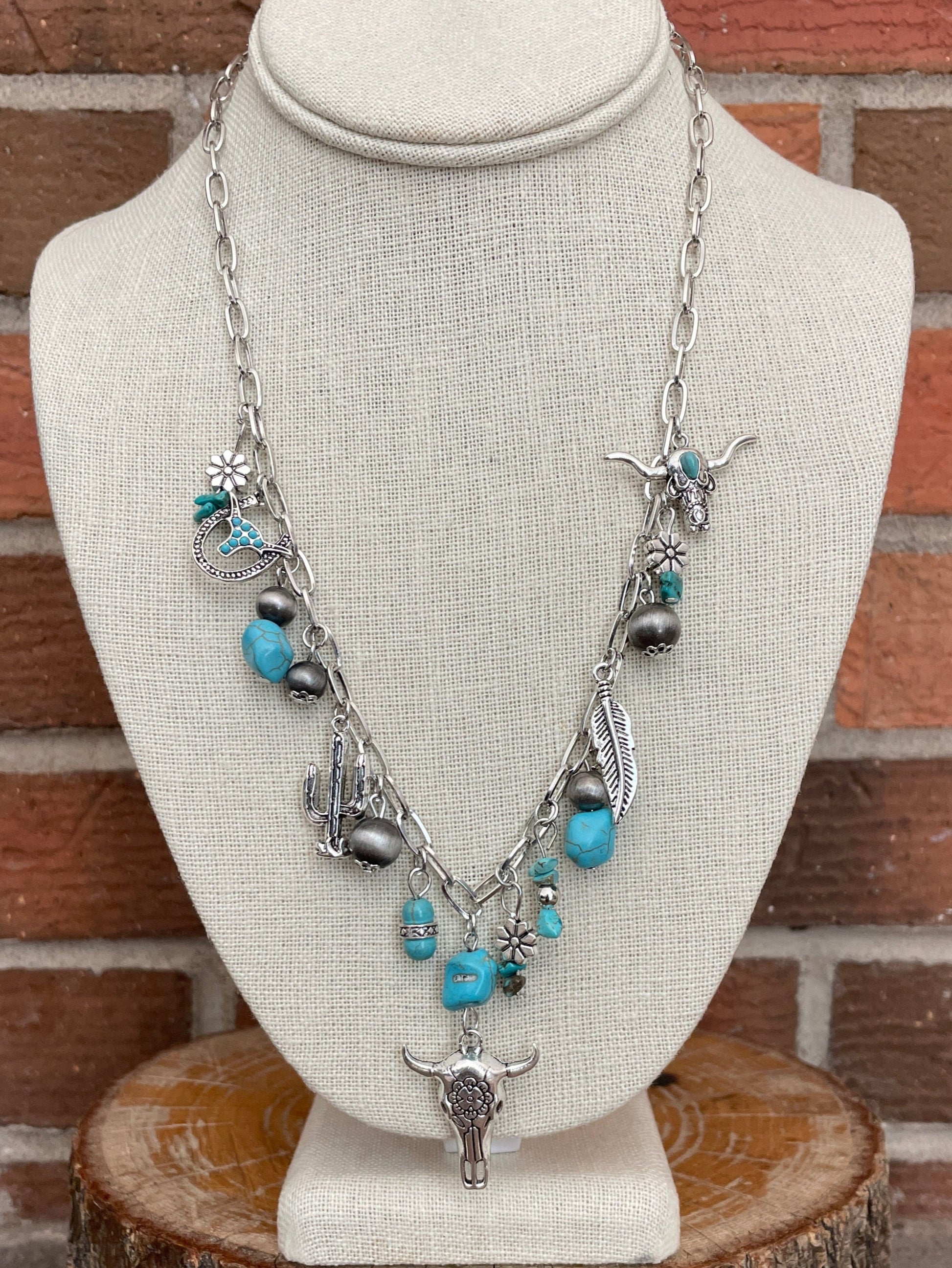 Floral Steer Skull and Turquoise Charm Necklace