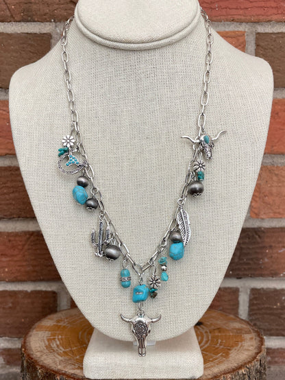 Floral Steer Skull and Turquoise Charm Necklace