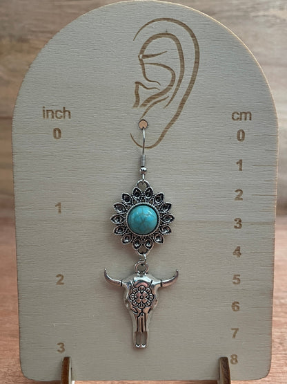 Flower and Steer Skull Earrings with Faux Turquoise