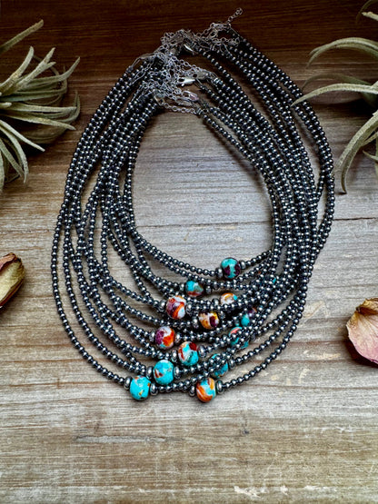 Sterling Silver Pearl & Mojave Bead Choker Necklace 14 inch