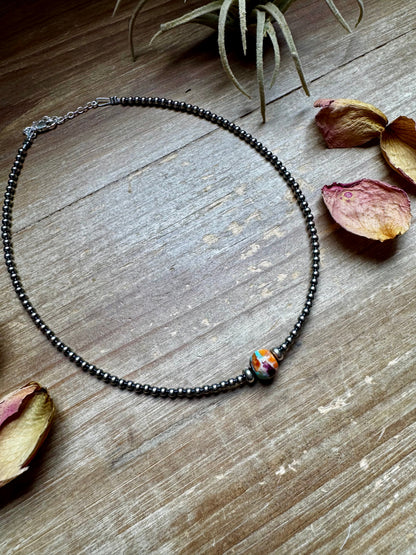 Sterling Silver Pearl & Mojave Bead Choker Necklace 14 inch