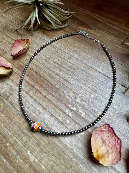 Sterling Silver Pearl & Mojave Bead Choker Necklace 14 inch