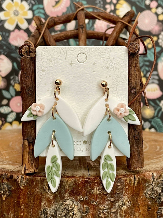 Handmade Polymer Clay Blue Leaf Earrings
